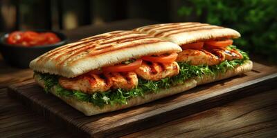Freshly made grilled chicken sandwiches served on wooden board with fresh vegetables and sauce photo