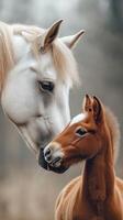 Tender moment between a white horse and its foal in a serene natural setting during early morning hours photo