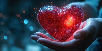 Hand holding a glowing red heart made of sparkling particles against a blurred background photo