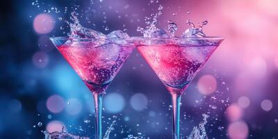 Colorful cocktails splash in glasses against a vibrant backdrop of purple and blue at a lively evening event photo