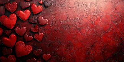 Red hearts arranged on a textured background create a romantic and warm atmosphere suitable for various occasions photo