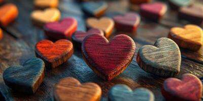 Colorful wooden hearts scattered across a rustic wooden surface create a charming and artistic display of affection photo