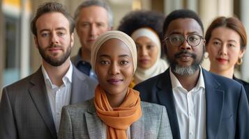 Diverse business team with leader in focus portrait image. Inclusivity, leadership and teamwork in corporate world picture photorealistic. Organizational culture concept photo realistic
