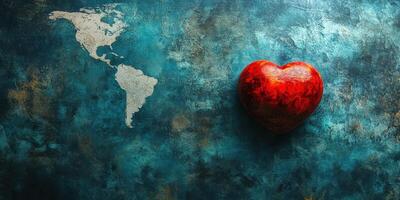 Heart symbolizing love and connection with map of Americas on textured backdrop photo