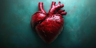 Realistic human heart model displayed against a blue-green textured background highlighting its intricate details photo