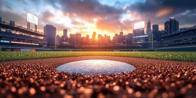 Evening sunset over a baseball diamond with city skyline backdrop during a summer game photo