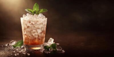 Refreshing cocktail with ice and mint leaves served in a stylish glass at a dimly lit bar photo