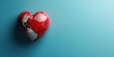 Heart sculpture painted in red with continents showcased against a blue background in a modern art setting photo