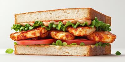 Delicious grilled chicken sandwich with fresh vegetables on artisan bread photo