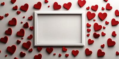 Creative display with a blank frame surrounded by red foam hearts for romantic decoration or event photo