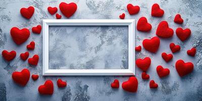 Decorative red hearts scattered around an empty white frame on a textured gray background photo