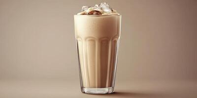 Creamy coffee beverage served in a tall glass filled with ice, perfect for warm days and a refreshing pick-me-up photo