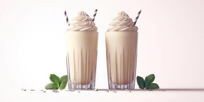 Delicious creamy shakes served in tall glasses with mint leaves and striped straws create a inviting dessert experience photo