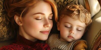 Mother and child share a peaceful moment together in cozy surroundings during the afternoon photo