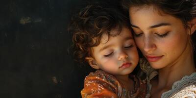 Captivating moment of a mother embracing her child in a serene and intimate setting photo