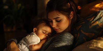 Mother cradling her sleeping baby in warm evening light at home photo