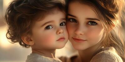 Close bond between a young girl and a toddler in a serene outdoor setting during golden hour photo