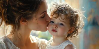 Motherly affection captured in a tender moment with a child in a cozy indoor setting during daytime photo