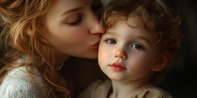 Loving mother shares a tender moment with her child in a warm, cozy setting during the afternoon light photo