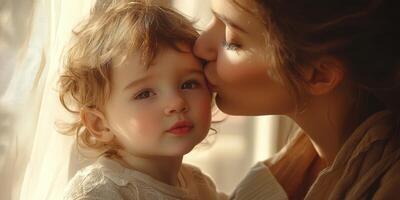 Mother kisses her child while sunlight streams through the window in a warm, serene indoor setting photo