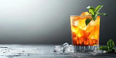 Vibrant cocktail with ice and mint leaves in a glass on a textured surface photo