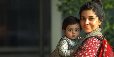 Mother holding infant in cozy indoor setting with warm light and greenery in the background photo