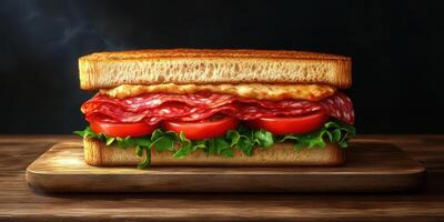 Delicious sandwich made with fresh ingredients displayed on a wooden board in a cozy kitchen setting photo