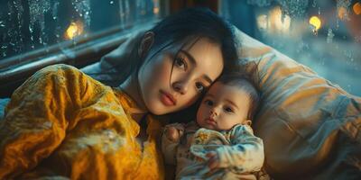 Mother and baby cozy together indoors while rain falls outside in a warm atmosphere photo