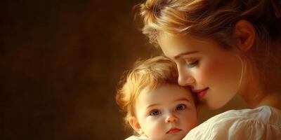 Mother holds infant close while sharing a tender moment in warm, soft lighting photo