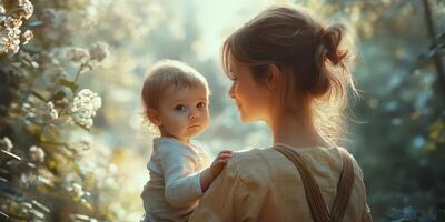 Mother holding baby in a tranquil garden surrounded by blooming flowers during golden hour photo