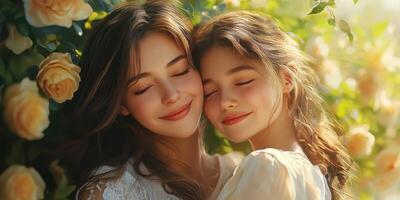 Sisters smile joyfully together in a blooming rose garden under soft natural light during a sunny afternoon photo