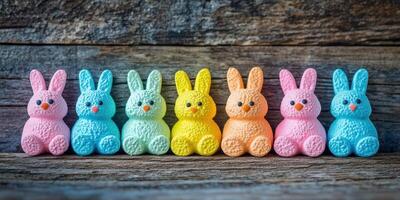 Colorful bunny figurines lined up on a rustic wooden surface for spring decorations photo