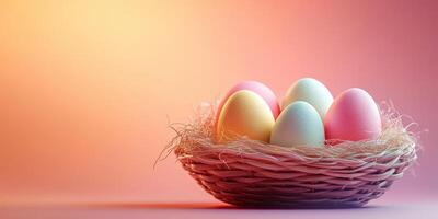 Colorful pastel eggs arranged in a woven basket on a soft gradient background during spring festivities photo