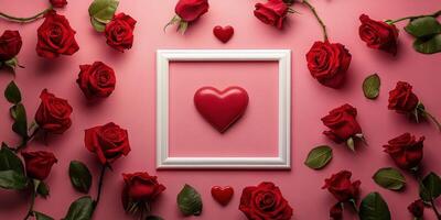 Romantic arrangement of red roses and heart shapes on a pink background for a special occasion or celebration photo