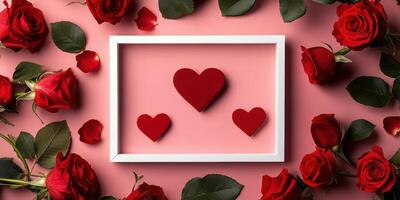 Romantic display of red roses and heart shapes arranged on a pink background for a special occasion photo