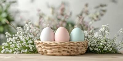 Decorative eggs in pastel colors arranged in a woven basket surrounded by fresh flowers on a light wooden table photo