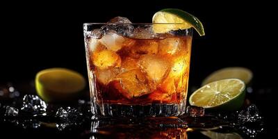 Refreshing cocktail with ice and lime slices served in a glass against a dark background photo