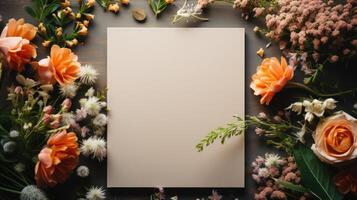 blanco tarjeta y Fresco flores bandera antecedentes Copiar espacio. elegante festivo composición imagen fondo vacío. felicidades con madre día concepto composición parte superior vista, copyspace foto