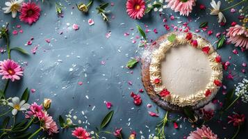 Cake in flowers frame on grey table banner background copy space. Delicious festive dessert image backdrop empty. Elegant holiday composition concept composition top view, copyspace photo