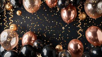 Floating balloons and glitter frame on black backdrop image copy space. Party decoration style banner background blurred. Holiday celebration concept photography copyspace photo