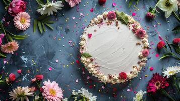 Handmade cake and fresh flowers on table banner background copy space. Celebrating birthday image backdrop empty. Holiday dessert serving concept composition top view, copyspace photo