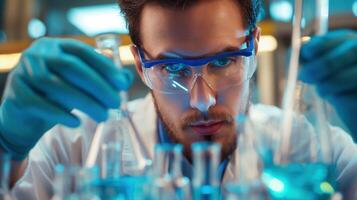 Scientist concentrating experiments in a high-tech lab closeup image. Researcher in safety goggles examining test tubes with blue liquid close up photography. Scientific concept photo