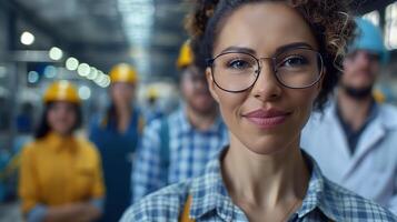 Caucasian female engineer in glasses leading industrial team portrait image. Diverse workforce picture photorealistic photography. Skilled laborers occupation concept photo realistic