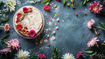 Holiday cake with flower decor on table banner background copy space. Spring festive ornament image backdrop empty. Birthday party invitation concept composition top view, copyspace photo