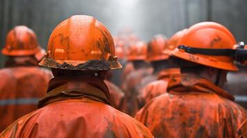Group of workers in orange hard hats and rain-soaked gear image. Hazardous work hardhats photography scene realistic. Resilience in tough working condition concept photorealistic photo