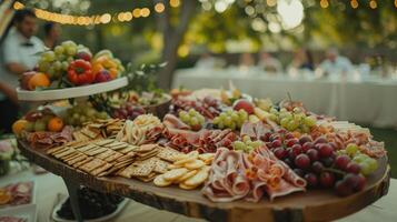 Delicatessen meat and crackers served on rustic board image. Delicious organic snacks for banquet guests photography scene realistic. Antipasto concept photorealistic photo