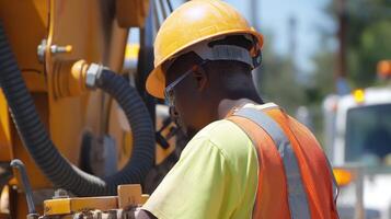 Construction worker in yellow hardhat operating machinery image. Black man in reflective vest, safety glasses photography scene realistic. Labor occupation concept photorealistic photo