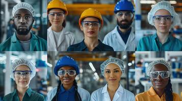 Diverse professionals in safety helmets, lab coats, work uniforms portraits image set. STEM careers workforce pictures collection. Professionalism concept photo collage realistic