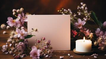 Blank greeting card with flowers and burning candle banner background copy space. Festive greeting image backdrop empty. Spring holiday concept composition front view, copyspace photo