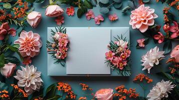 Garden flowers around gift box with blank card banner background copy space. Holiday invitation image backdrop empty. Mother day greeting concept composition top view, copyspace photo